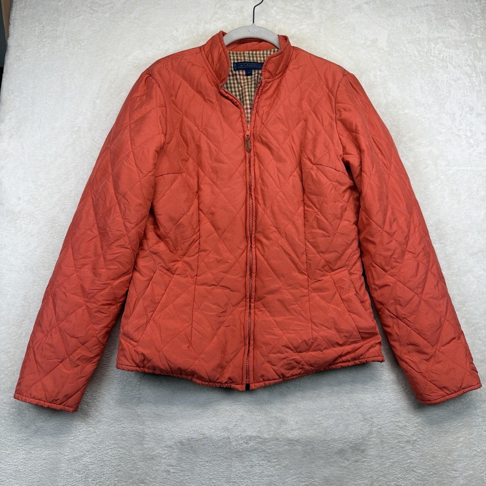 J McLaughlin Womens Silk Quilted Puffer Jacket Orange Plaid Lined Small